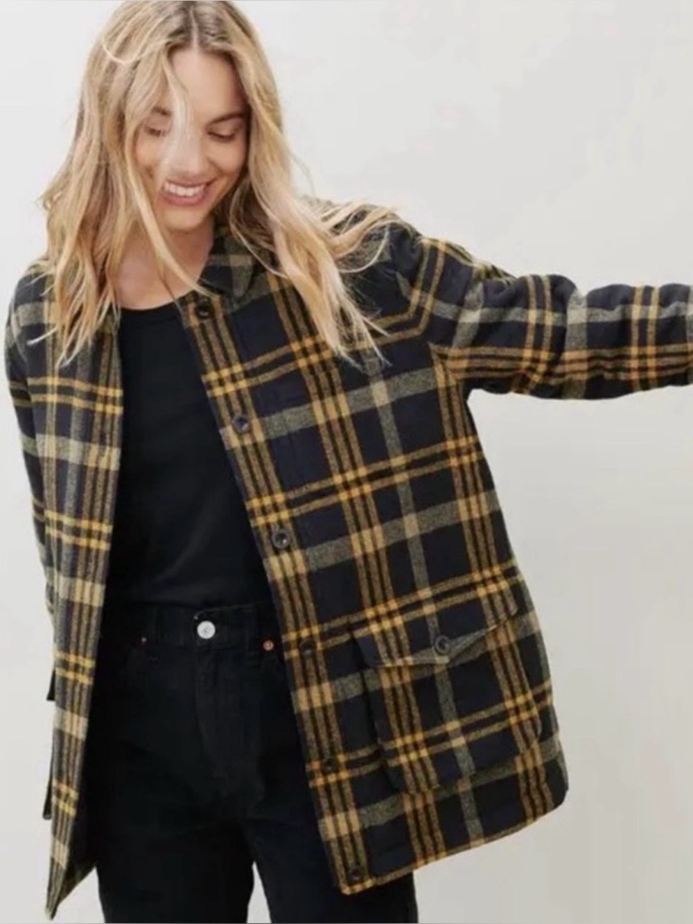 Jenni Kayne Wool Blend Farmhouse Utility Jacket in Black & Ochre Plaid Sz M